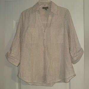A. Byer white and brown striped button up pocket blouse. Linen type material